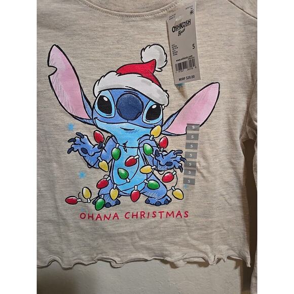 Disney Stitch Kids Girls Ohana Christmas Cute Santa Stitch Shirt Oatmeal Sz 5 - Picture 3 of 8
